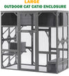 Seizeen Catio Enclosure for Cats, 67.5''L Outdoor Cat House w/Bench Platform Drawbridge for Kitty Indoor Use, Large Wooden Cat Cage with Resting Box & Shade Panel for Cat Nap