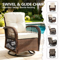 Rattan Outdoor Furniture, 3 Pieces Patio Furniture Set, Wicker Outdoor Swivel Glider Rocker w/Table, Balcony Porch Outdoor Rocking Bistro Set for 2, Beige Cushions