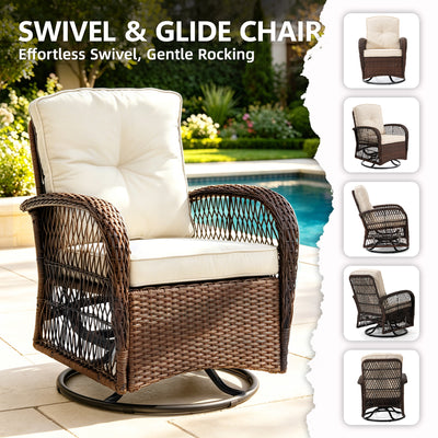 Rattan Outdoor Furniture, 3 Pieces Patio Furniture Set, Wicker Outdoor Swivel Glider Rocker w/Table, Balcony Porch Outdoor Rocking Bistro Set for 2, Beige Cushions