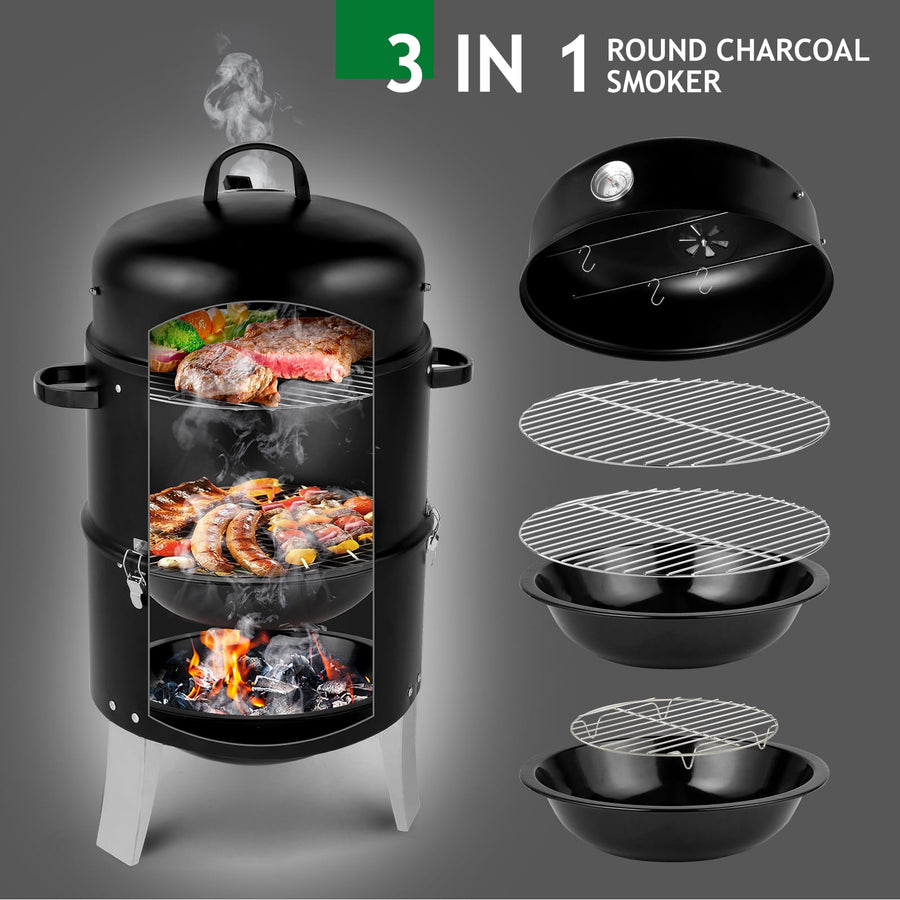 Seizeen Smoker Grill, 3-IN-1 BBQ Grill & Smoker & Fire Pit for Outdoor, Portable Charcoal Smoker with Detachable 2 Layer