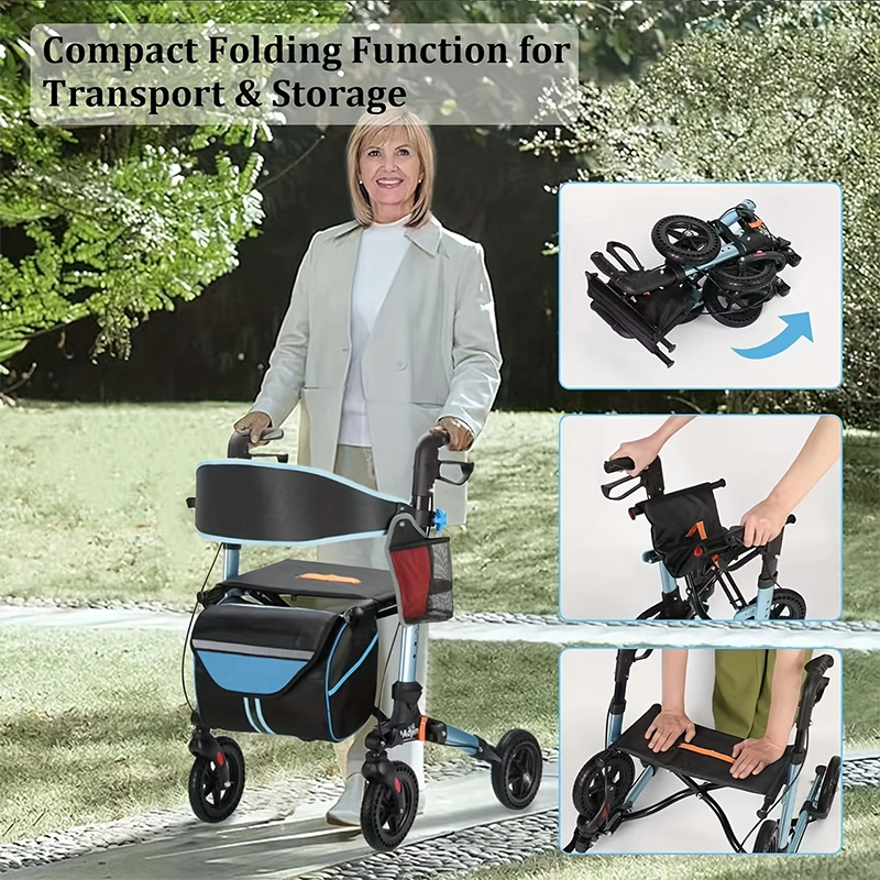 Walkers for Seniors with Seat, Lightweight Folding Aluminum Rolling Rollator Walker, All-Terrain Wheels, Adjustable Height, Dual Hand Brakes, Compact Foldable Mobility Aid for Elderly Adults