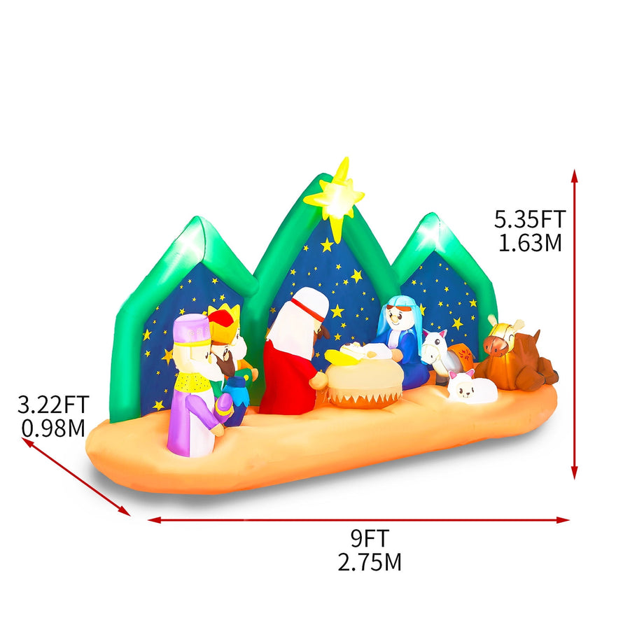 Outdoor Inflatable Christmas Decor, 9ft Lighted Inflatable Nativity Scene with Built-in Air Blower, Garden Decoration for Yard Patio Garden with LED Lights