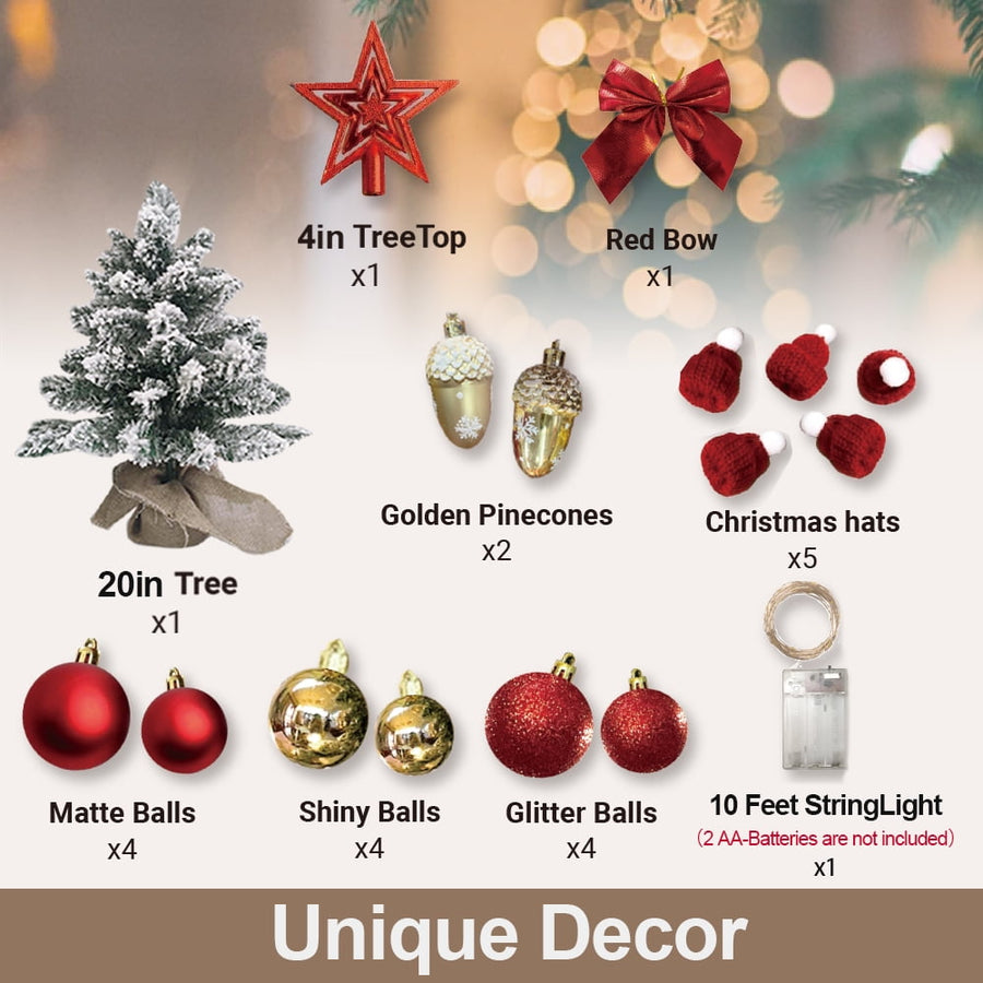 Mini Christmas Tree with Lights, 2FT Tabletop Pre-lit Christmas Tree with Rich Decorations, Artificial Tree Shiny Ornaments & Light String for Xmas, White Small Lighted Tree for Home Decor, Red