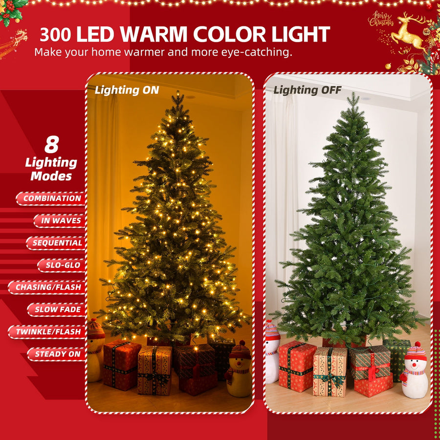6ft Pre-lit Christmas Tree, Lighted Artificial Pine Tree w/728 Tips, 300pcs Warm Lights, 3-step Assembly, Green