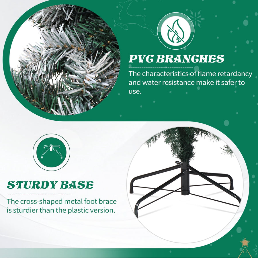 7.5 FT Snow Tipped Artificial Christmas Tree with 350 Warm White LED Lights & Remote, Hinged Xmas Pine Tree with Silver Ribbon Ornaments, Prelit Holiday Tree for Home Office Party Décor