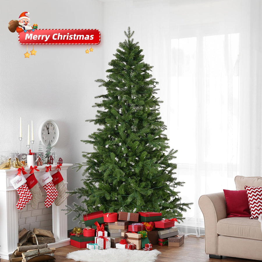 6ft Pre-lit Christmas Tree, Lighted Artificial Pine Tree w/728 Tips, 300pcs Warm Lights, 3-step Assembly, Green