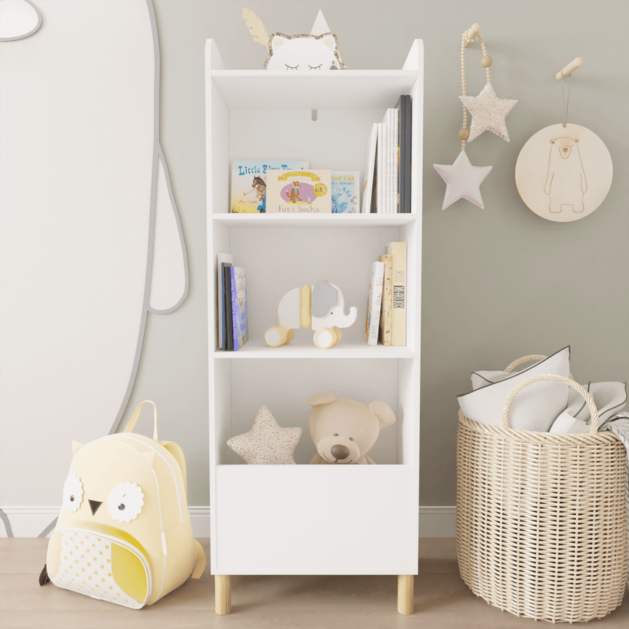 Kids Bookshelf & Toy Storage, Seizeen Wooden Raised Bookcase for Children, Book Rack Storage with 3 Shelves & Storage Cabinet for Toy