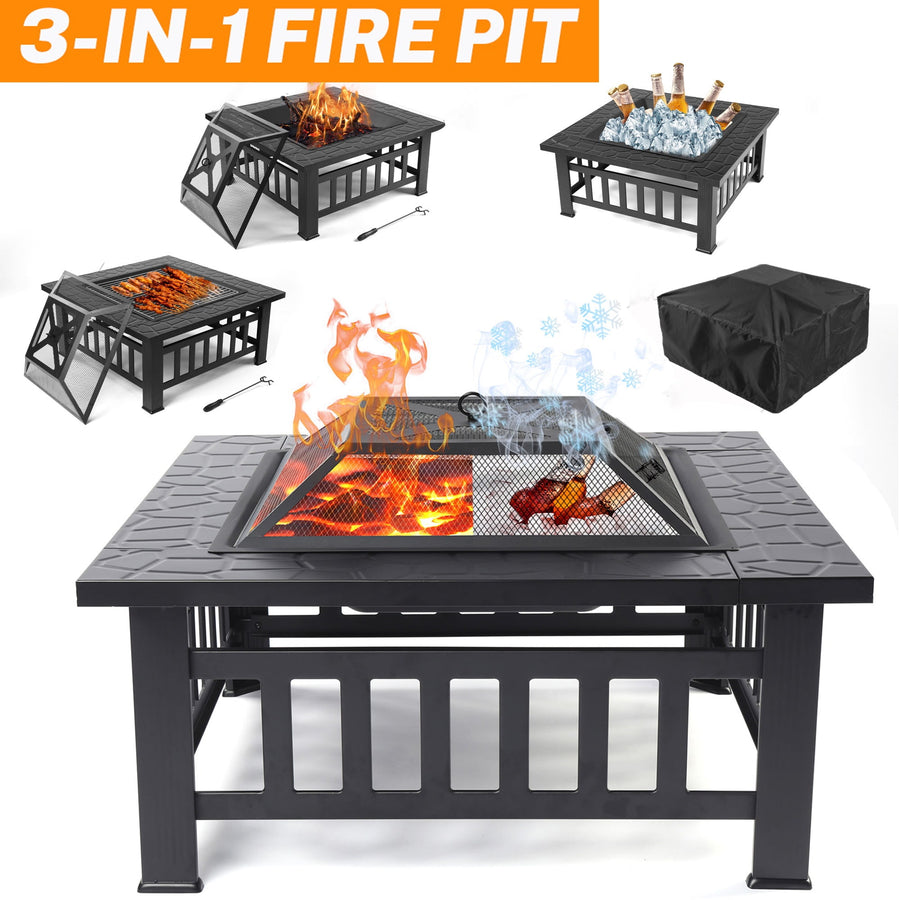 32'' Multipurpose Fire Pit, Outdoor Fire Pit Table with BBQ Grill/Poker, Square Bronze Firepit Stove for Outside Camping Backyard Bonfire