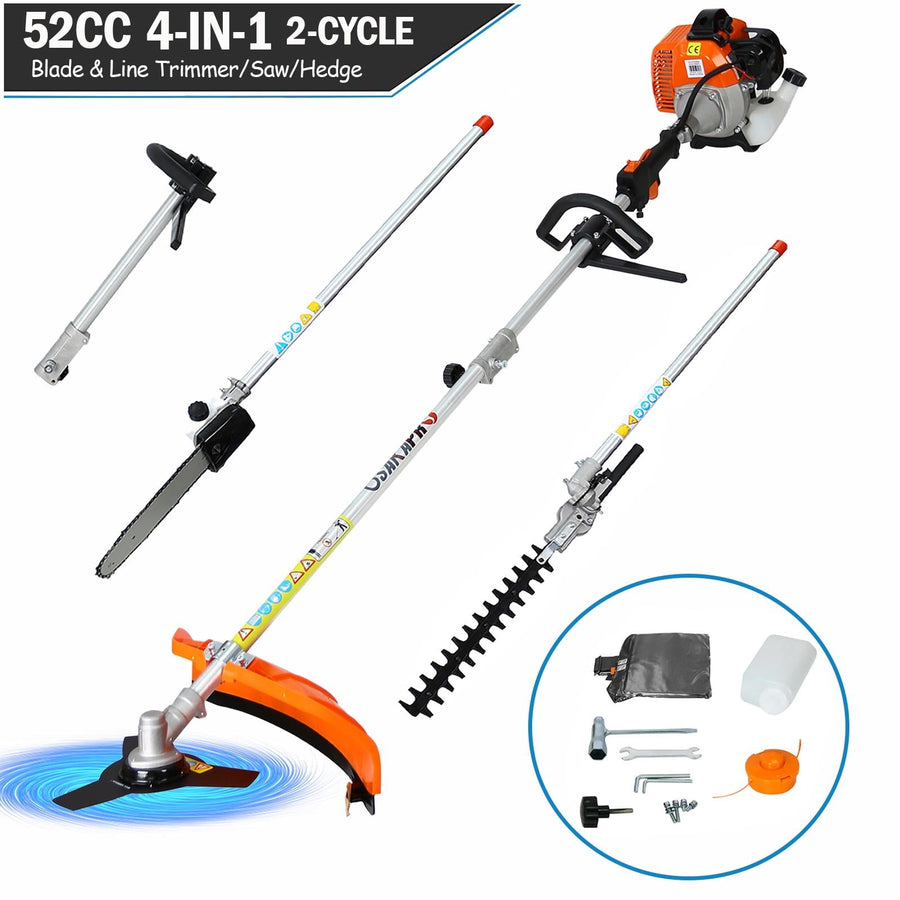 4-IN-1 Gas Weed Eater, Seizeen 52CC 2-Cycle Multi-Functional Grass String Trimmer, Hedge Trimmer, Cordless Brush Cutter, Powerful Pole Saw for Tree Trimming, Orange