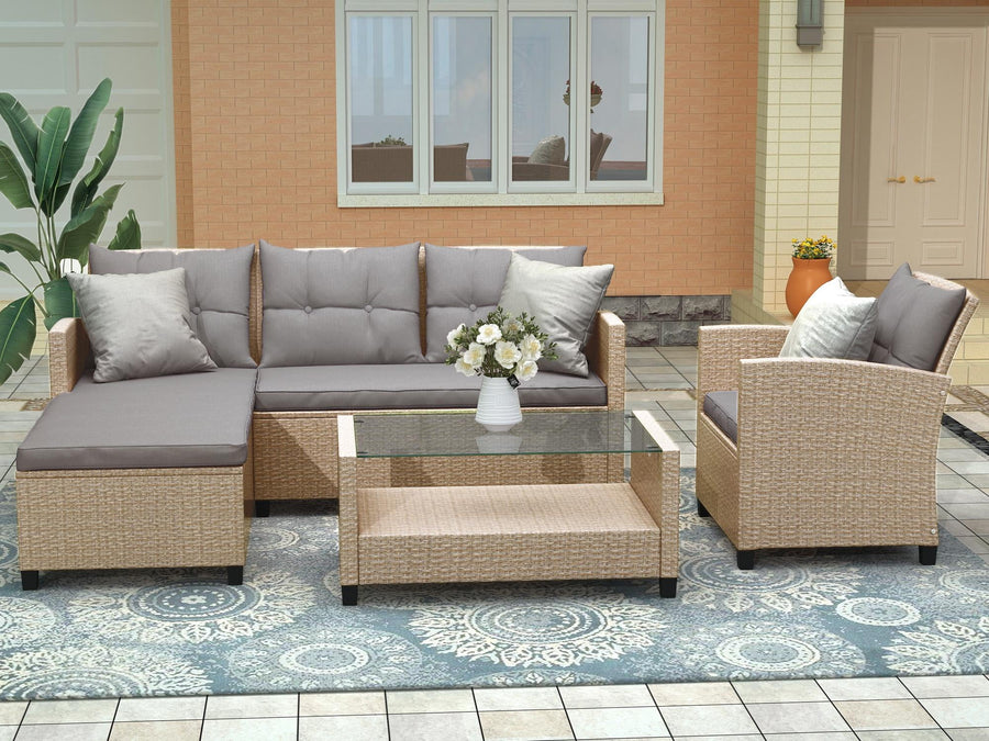 4 Pieces Outdoor Conversation Set, Cushioned Patio Furniture Set 5-seat with Table, All-Weather Rattan Sectional Sofa Set Backyard Porch Garden, Gray Cushions