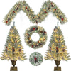 Pre-Lit Christmas Tree Decorations Set, 4 Pcs Indoor Outdoor Christmas Decorations W/ 2 Lighted Christmas Trees Wreath Garland, Artificial Christmas Xmas Decorations with 10 Light Modes, White