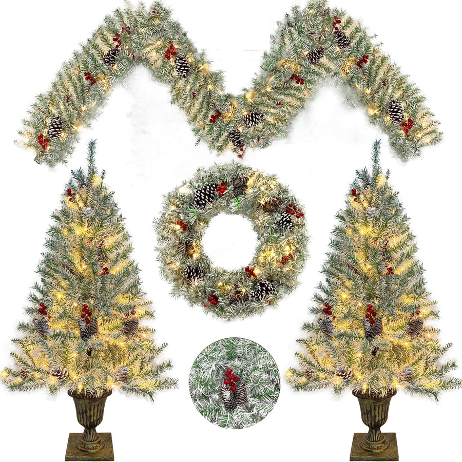 Pre-Lit Christmas Tree Decorations Set, 4 Pcs Indoor Outdoor Christmas Decorations W/ 2 Lighted Christmas Trees Wreath Garland, Artificial Christmas Xmas Decorations with 10 Light Modes, White