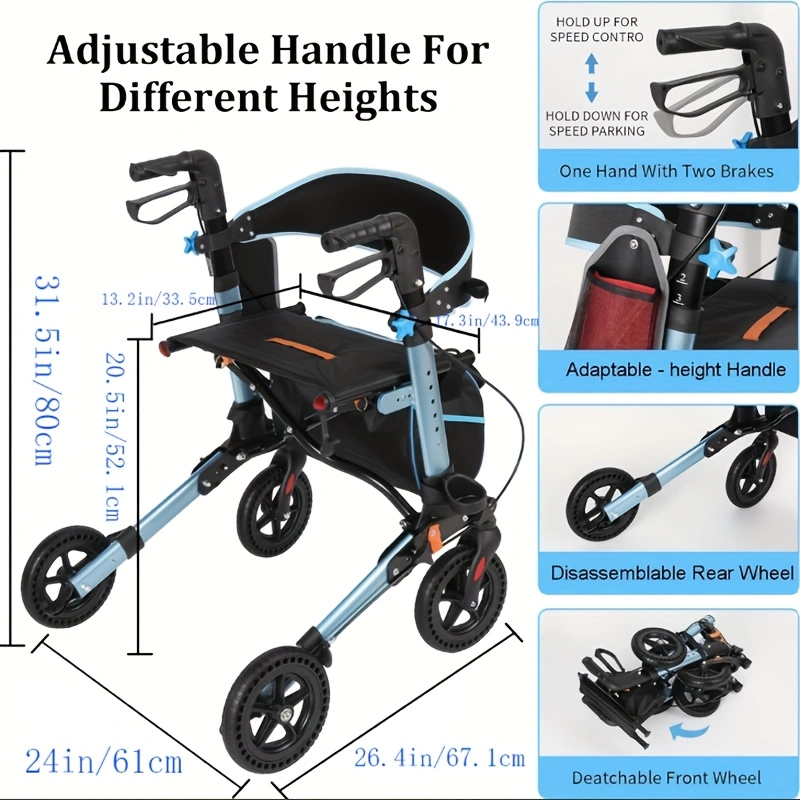 Walkers for Seniors with Seat, Lightweight Folding Aluminum Rolling Rollator Walker, All-Terrain Wheels, Adjustable Height, Dual Hand Brakes, Compact Foldable Mobility Aid for Elderly Adults