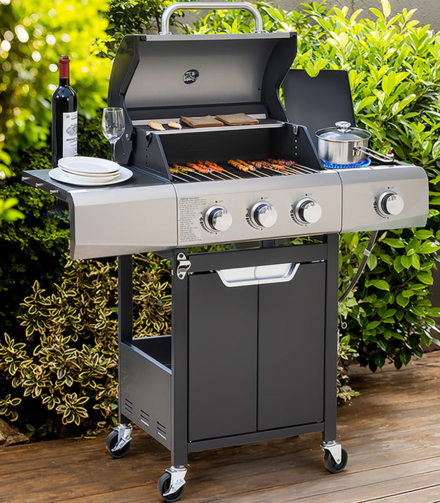 Gas Grill w/Side Burner, 40500BTU Propane Grill with Cover, Stainless Steel Outdoor BBQ 2 Cooking Areas, Portable Grill for Camping Patio