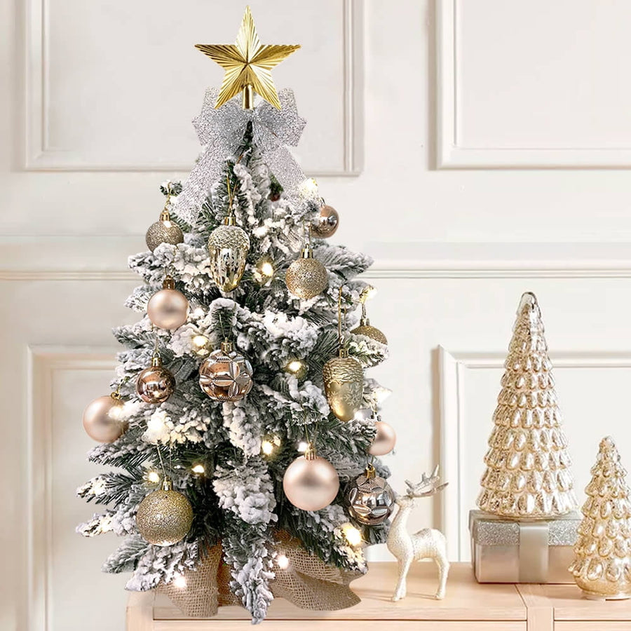 Artificial Christmas Tree, 2FT Small Tabletop Lighted Christmas Tree Home Decor, Tabletop Pre-lit Tree with Shiny Ornaments, Flocked Snow, Exquisite Decor, Gold