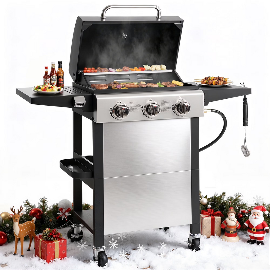 Outdoor BBQ Grill, Powerful 30,000BTU Gas Propane Grill, Stainless Steel Grill with Storage Shelves, Portable Grill for RV Party Camping Patio
