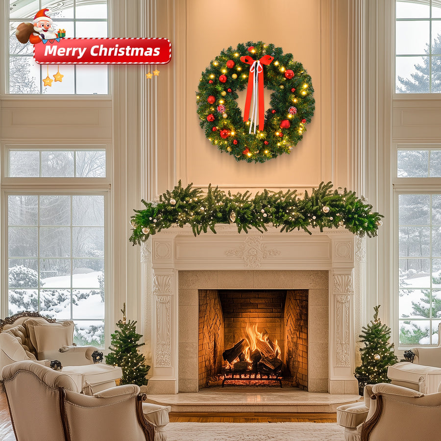 36in Pre-lit Battery Powered Christmas Wreath – Lighted Artificial Xmas Wreath with 80 Warm Lights, 270 PVC Tips & 18 DIY Ornaments for Front Door, Gate & Wall Xmas Party Decorations