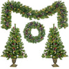 Pre-lit Artificial Xmas Tree Set, 4 Pcs Christmas Decorations 2 Packs 4' Pre-Lit Christmas Trees 20" Wreath & 9' Garland, with 10 Light Modes, Rich Ornaments for Indoor Outdoor Fireplace Decor, Green