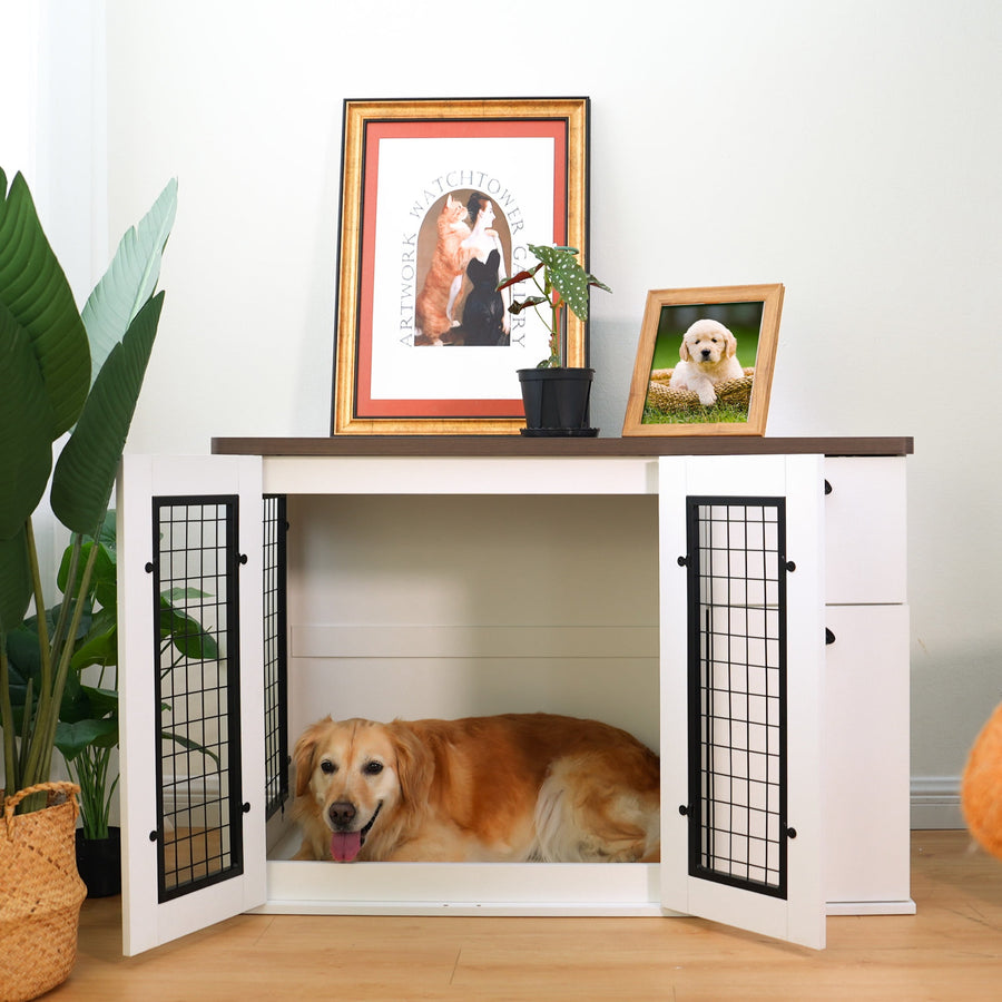 44"L Dog Crate Furniture, 2-In-1 Side Cabinet & Dog Cage with Drawer, XL Dog Kennel for Indoor, Dog House Side Table with Storage Cabinet, Double Doors Design