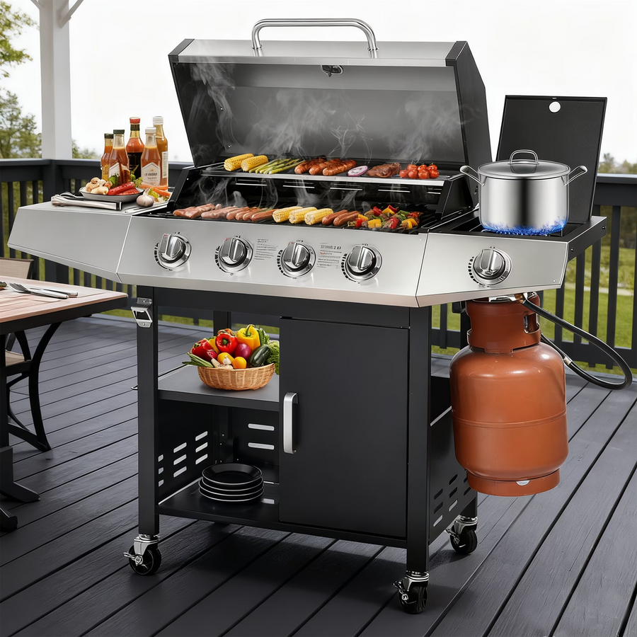 4-Burner BBQ Grill W/Side Burner, 50,000BTU Gas Propane Grill Portable with Storage Cabinet, Heavy-Duty Stainless Steel Outdoor Cooking, with Tank Hook, Towel Rack, Steel Brush