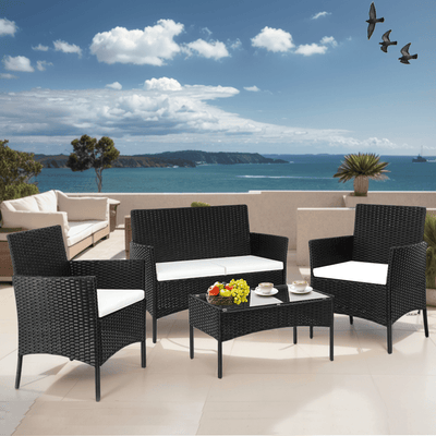 Outdoor Patio Conversation Set, Segmart 4 Pieces Rattan Sofa Set Cushioned Sofa & Charis, Deck Porch Poolside Furniture Table Set for 4, Black