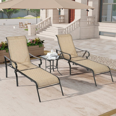 3pcs Patio Lounge Chair, Seizeen Adjustable Chaise Lounge with Tempered Glass Table, Pool Lounge Chairs Set with Heavy-duty Steel Frame, Light brown Textilene