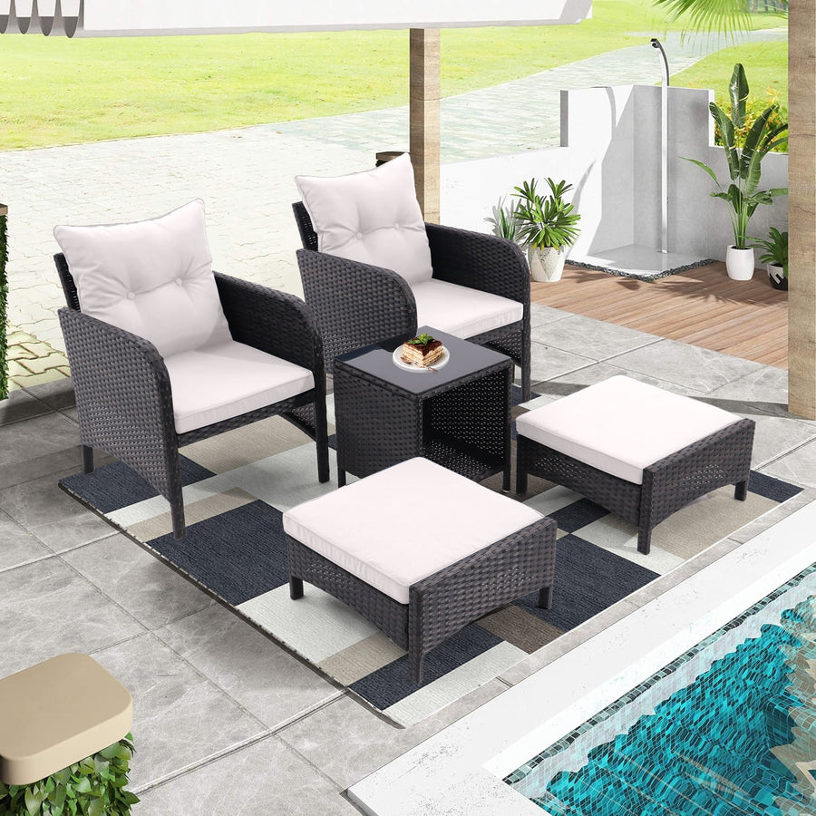 Patio Furniture Sets for 2, 5 Piece Outdoor Rattan Chairs Set with Ottomans, Cushioned Porch Balcony Conversation Sets with Storage Coffee Table, Beige