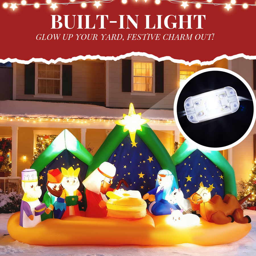 Outdoor Inflatable Christmas Decor, 9ft Lighted Inflatable Nativity Scene with Built-in Air Blower, Garden Decoration for Yard Patio Garden with LED Lights