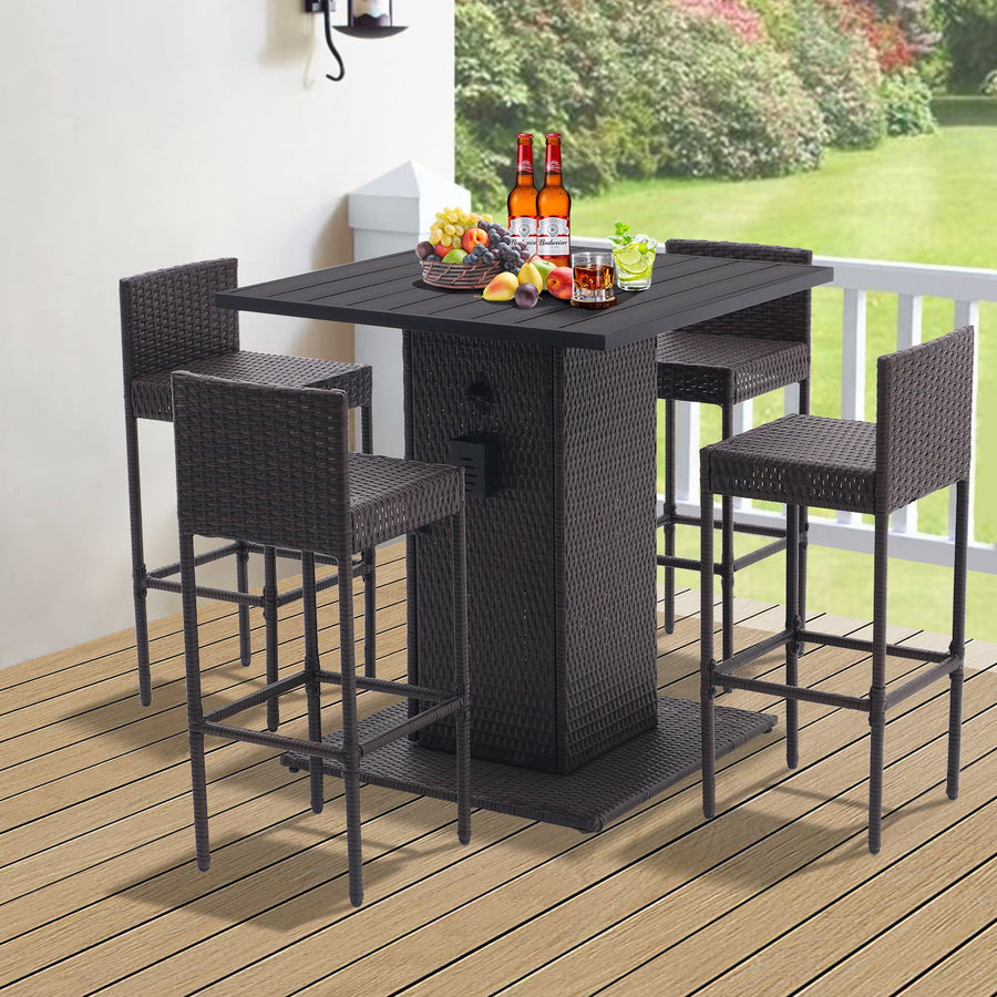 Outdoor Bar Set for Patio, 5-Piece Rattan Bistro Table & Stool Height Top Design, PE Wicker Patio Furniture Set with Backrest, Metal Table with Storage and with Backrest