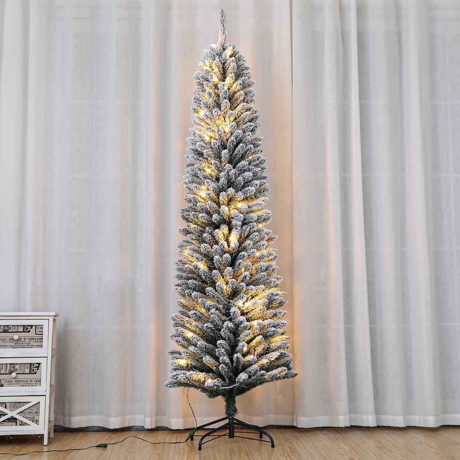 7FT Pre-lit Christmas Tree, White Artificial Pencil Trees Snow Flocked, Lighted Artificial Flocking Xmas Tree for Home Holiday Decor DIY Quick Assembly, 570 Branches