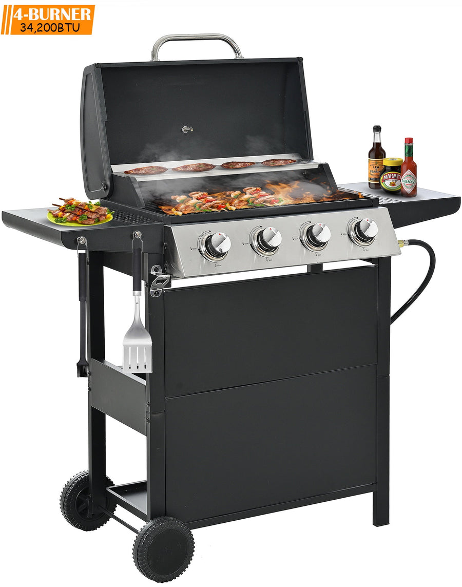 4 Burner Propane Grill for Outside, Seizeen 34200BTU Smokeless BBQ Portable Grill with Storage & Side Table, Stainless Steel Gas Grill on Wheels