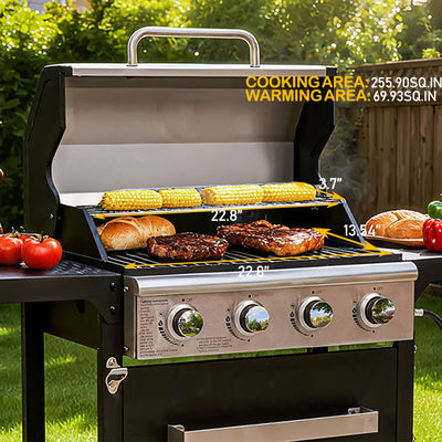 Seizeen 4-Burner Gas Grill, Propane Gas Grill with Stainless Steel Lid, Large Cooking Area, Side Shelves & Storage Cabinet, Portable Outdoor BBQ Grill