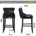 Seizeen Counter Height Bar Stools, Set of 2, Wing-back Velvet Dining Chairs with Soft Cushion, Solid Wood Legs, Button Tufted Decoration and Chrome Nailhead Trim, Black