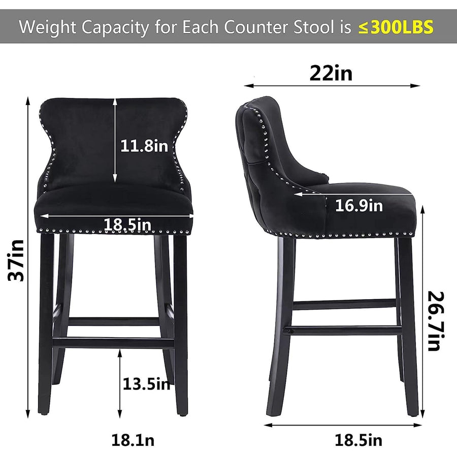 Seizeen Counter Height Bar Stools, Set of 2, Wing-back Velvet Dining Chairs with Soft Cushion, Solid Wood Legs, Button Tufted Decoration and Chrome Nailhead Trim, Black