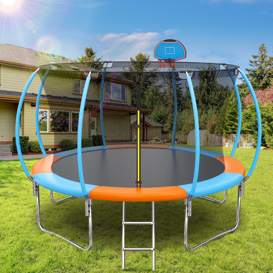 Seizeen Kids Trampoline with Enclosure, 10ft Round Trampoline with Basketball Hoop & Curved Poles, Upgrade Colorful Trampoline for Outdoor Backyard, Ladder, All-Weather Mat, Max Weight 440LBS