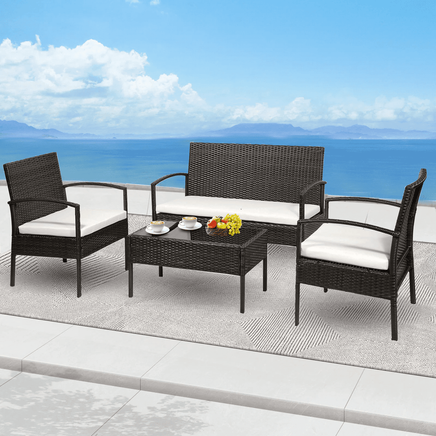 4pcs Patio Furniture Set, Outdoor Rattan Conversation Sofa Set with Table, Porch Deck Bistro Table Set with Cushions, All-Weather PE Wicker Furniture