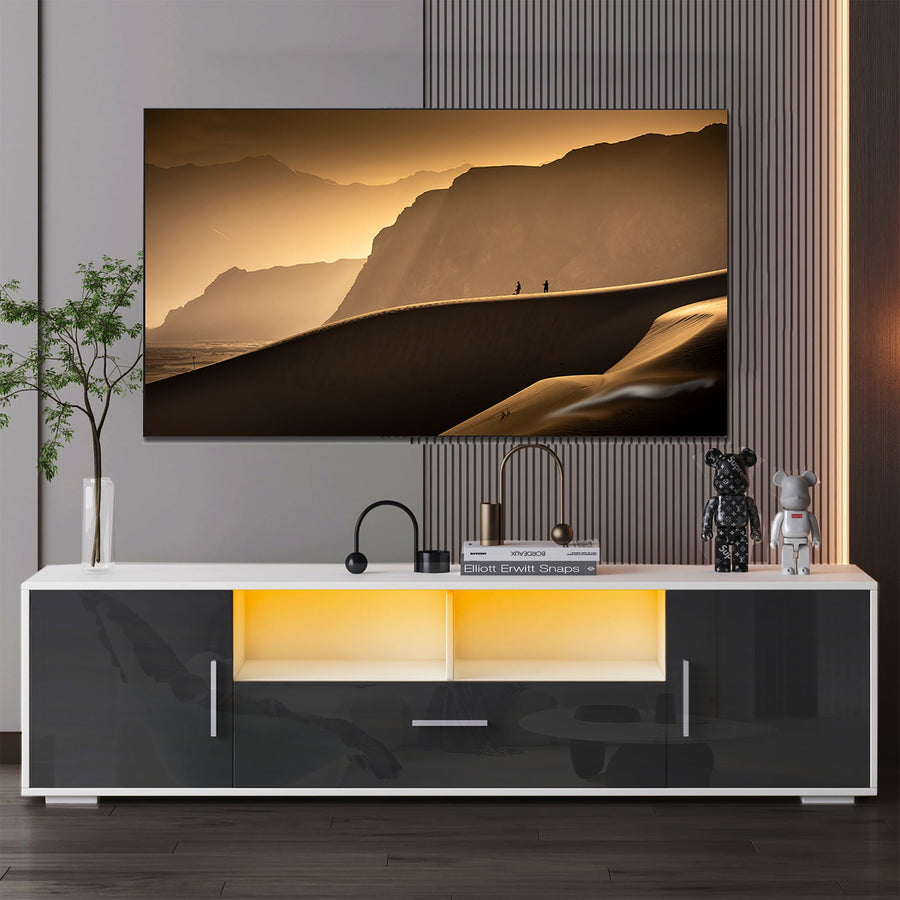 Modern TV Stand for 65'' TV, TV Table Cabinet with LED Backlight, Media Console Cabinet with Door and Storage, Entertainment Center for Living Room Gaming Room