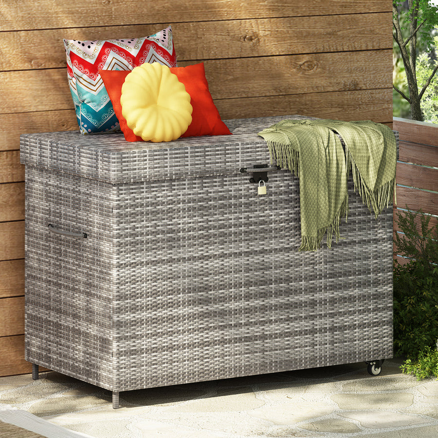 230Gal Outdoor Storage and Deck Box, Gray Rattan Lockable Storage Bin on Wheels, Raised Storage for Pool Patio Porch Toy Cushions, with Storage Pocket, Water Resistant Liner, Lockable