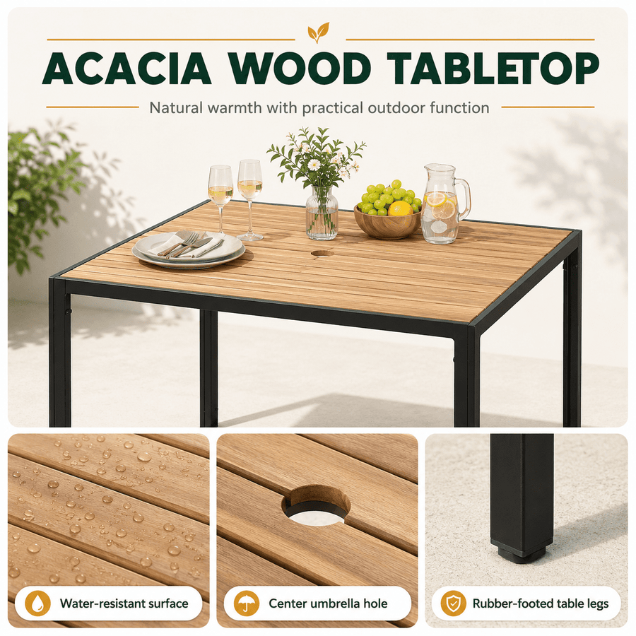 Outdoor Dining Set, 5-piece Outdoor Patio Furniture Table and Chairs Cushioned, Hollow Rattan Dining Table Set for 4, Bold Metal Frame, Acacia Woodtop, Umbrella Hole