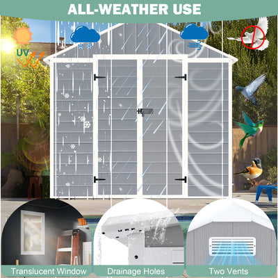 7.5x6.5FT Outdoor Storage Shed, Plastic Resin Shed w/Floor Lockable, Tool Bike Garden Patio Large Storage with Window, Sloped Top, Drainage Holes, 30MPH Wind Resistance