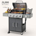 Seizeen Gas Grill with Side Burner, 51,000 BTU Outdoor BBQ Grill w/Porcelain-Enameled Cast Iron Grates, 4-Burner Portable Propane Grill on Wheelsfor Patio Backyard