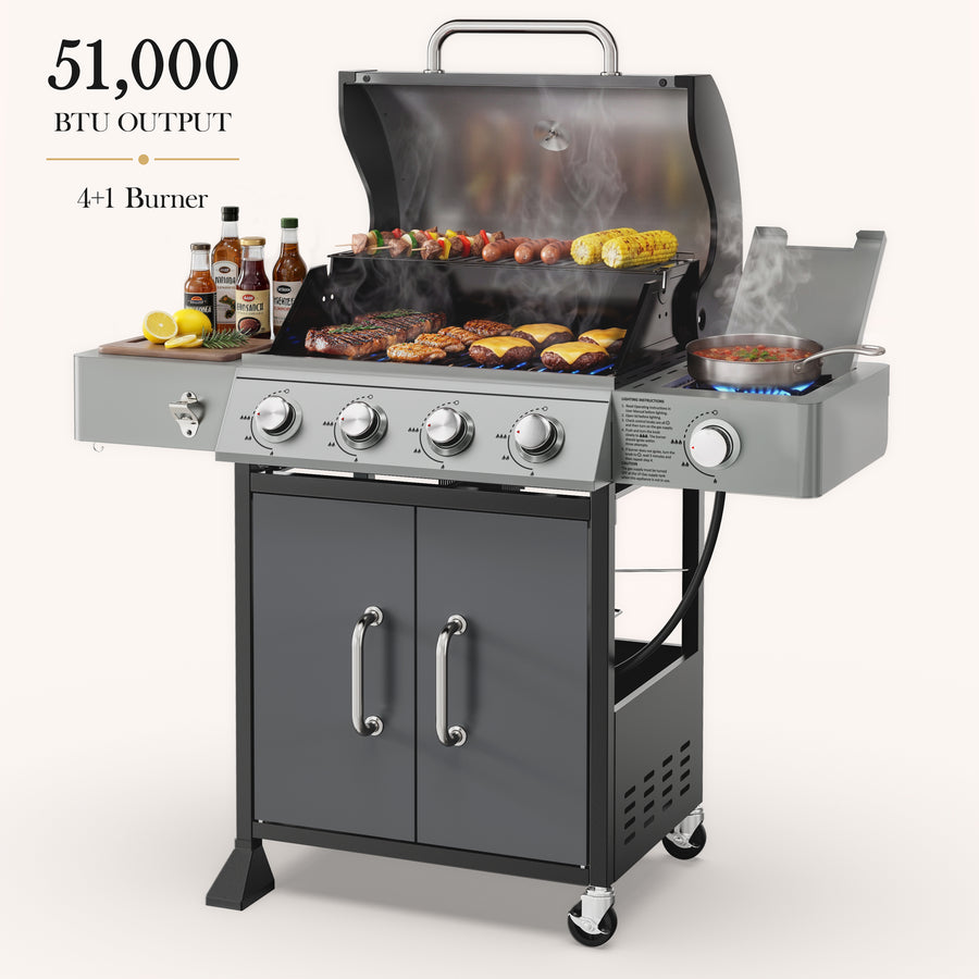 Seizeen Gas Grill with Side Burner, 51,000 BTU Outdoor BBQ Grill w/Porcelain-Enameled Cast Iron Grates, 4-Burner Portable Propane Grill on Wheelsfor Patio Backyard