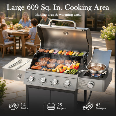 4-Burner Propane Gas Grill with Side Burner, 51,000 BTU Outdoor BBQ Grill with Porcelain-Enameled Grates, Warming Rack, Side Tables, Bottle Opener, Thermometer and Wheels for Patio Backyard Cooking