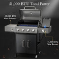 4-Burner Propane Gas Grill with Side Burner, 51,000 BTU Outdoor BBQ Grill with Porcelain-Enameled Grates, Warming Rack, Side Tables, Bottle Opener, Thermometer and Wheels for Patio Backyard Cooking