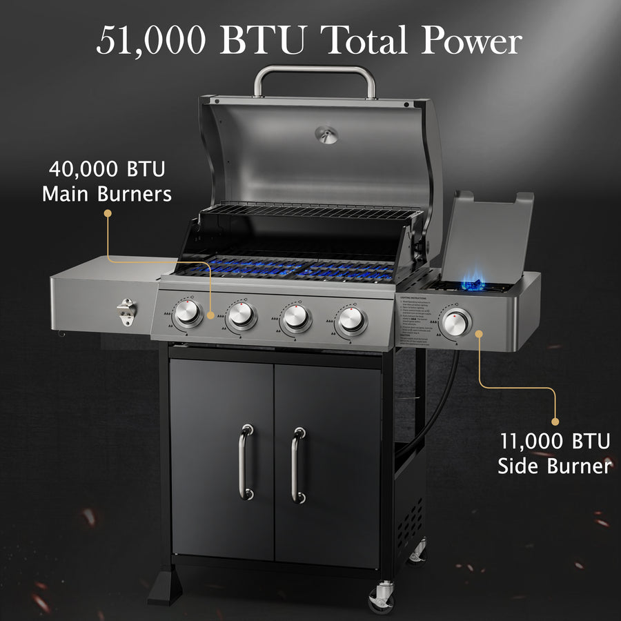 4-Burner Propane Gas Grill with Side Burner, 51,000 BTU Outdoor BBQ Grill with Porcelain-Enameled Grates, Warming Rack, Side Tables, Bottle Opener, Thermometer and Wheels for Patio Backyard Cooking