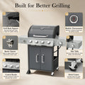 4-Burner Propane Gas Grill with Side Burner, 51,000 BTU Outdoor BBQ Grill with Porcelain-Enameled Grates, Warming Rack, Side Tables, Bottle Opener, Thermometer and Wheels for Patio Backyard Cooking