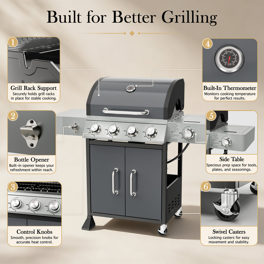 4-Burner Propane Gas Grill with Side Burner, 51,000 BTU Outdoor BBQ Grill with Porcelain-Enameled Grates, Warming Rack, Side Tables, Bottle Opener, Thermometer and Wheels for Patio Backyard Cooking