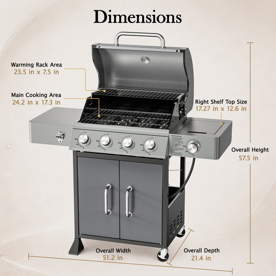 4-Burner Propane Gas Grill with Side Burner, 51,000 BTU Outdoor BBQ Grill with Porcelain-Enameled Grates, Warming Rack, Side Tables, Bottle Opener, Thermometer and Wheels for Patio Backyard Cooking
