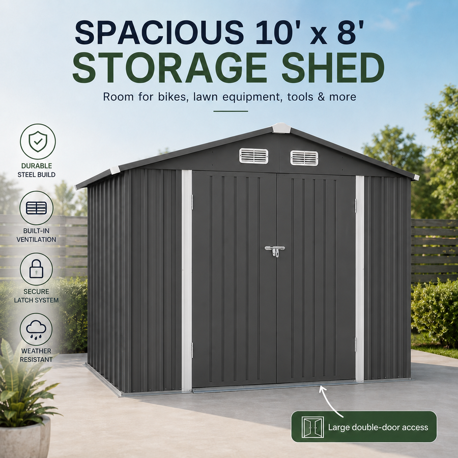 Seizeen 10x8 FT Metal Storage Shed, All-Weather Outdoor Utility Shed with Air Vent, Lockable Hinged Doors, Sloped Roof, Galvanized Steel Walk-in Garden Tool Shed for Bike, Lawn Mower, Patio Backyard Storage