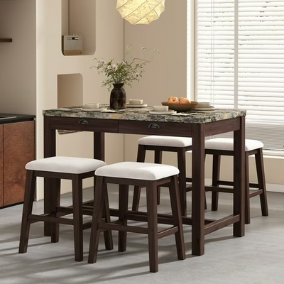 5-Piece Dining Table Set for 4, Counter Height Kitchen Table Set with Marble Top, Dining Room Set 4 Luxury Velvet Stools, 4-Drawers Table